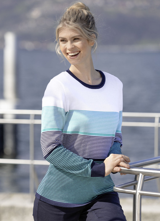 Pullover - Pullover mit Streifen rundum Pullover - Pullover mit Streifen rundum, in Größe 036 bis 050, in Farbe MARINE-TÜRKIS-WEISS
