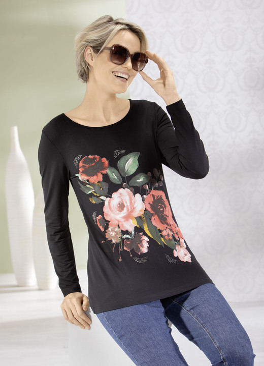 Damenmode - Shirt mit floralem Druckmotiv, in Größe 038 bis 054, in Farbe SCHWARZ Ansicht 1