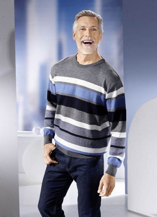 Hemden, Pullover & Shirts - Rundhalspullover mit Strukturmix allover Hemden, Pullover & Shirts - Rundhalspullover mit Strukturmix allover, in Größe 046 bis 064, in Farbe GRAU-MARINE-BLEU-ECRU