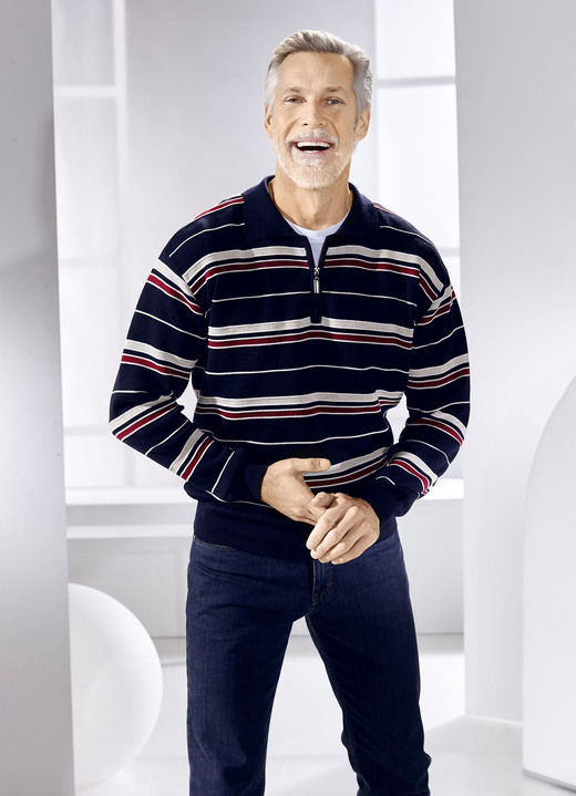 Hemden, Pullover & Shirts - Polopullover mit kurzem Reissverschluss in 2 Farben, in Größe 046 bis 062, in Farbe MARINE Ansicht 1
