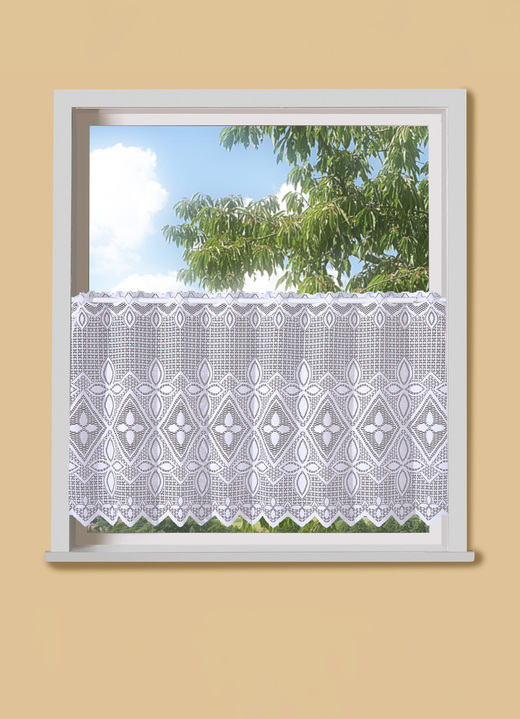 Landhaus & Küche - Kurzvorhang mit gezacktem Abschluss und Stangendurchzug, in Größe 661 (H28xB 95 cm) bis 791 (H48xB155 cm), in Farbe WEISS