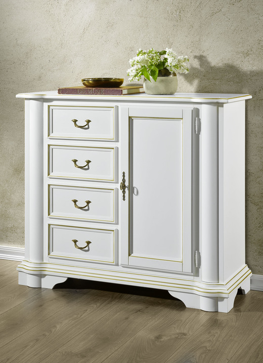 Sideboards & Kommoden - Kommodenserie aus teilmassivem Holz, in Farbe WEISS-GOLD, in Ausführung Schubladenkommode Ansicht 1