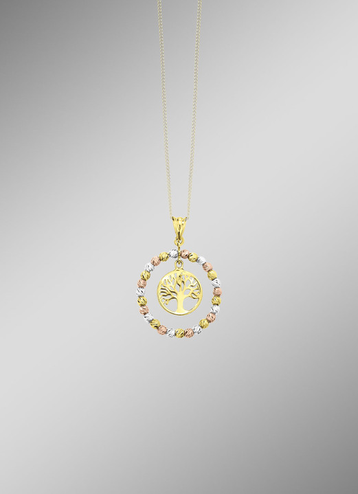 ohne Steine / mit Zirkonia - Diamantierter Lebensbaum-Anhänger in Tricolor, in Farbe  Ansicht 1