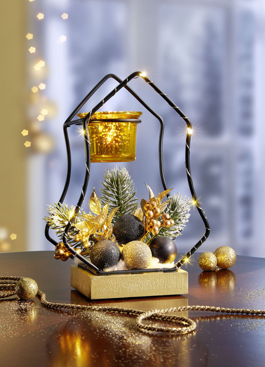 - Dekorierter Metall-Teelichthalter mit LED-Beleuchtung, in Farbe GOLD-SCHWARZ