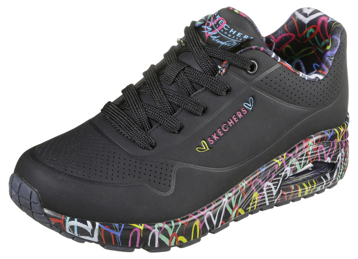 Slipper & Schnürschuhe - SKECHERS Schnür-Sneaker teilweise mit bunten Herzen bedruckt, in Größe 036 bis 042, in Farbe SCHWARZ Ansicht 1