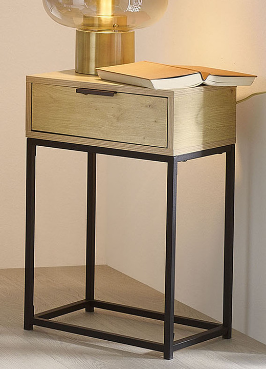 Kleinmöbel - Konsole mit pulverbeschichtetem Stahlrohr-Gestell, in Farbe EICHE-SCHWARZ, in Ausführung schmal Ansicht 1