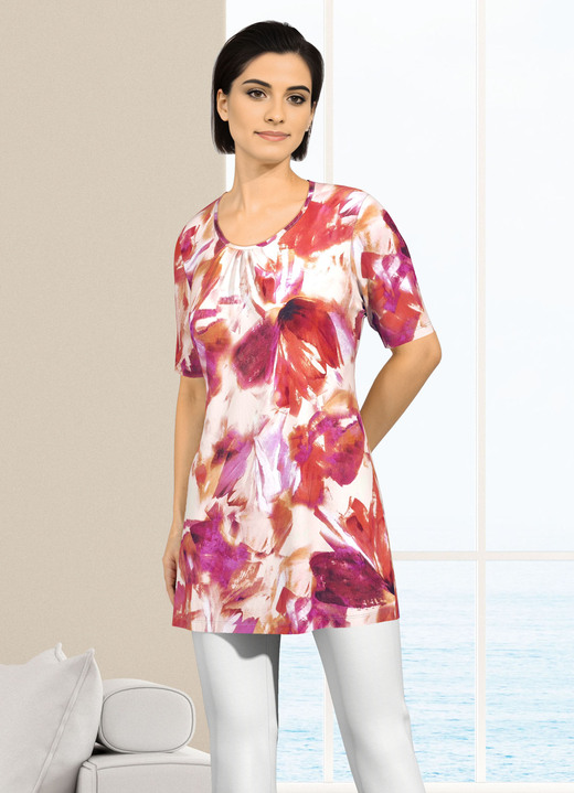 Longshirts - Longshirt mit dezenter Kräuselung im Vorderteil, in Größe 040 bis 056, in Farbe PINK-ORANGE