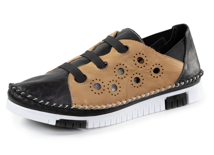 Komfortschuhe - Gemini Mokassin-Slipper mit dezenter Knitter-Struktur, in Größe 036 bis 042, in Farbe SCHWARZ-CAMEL Ansicht 1