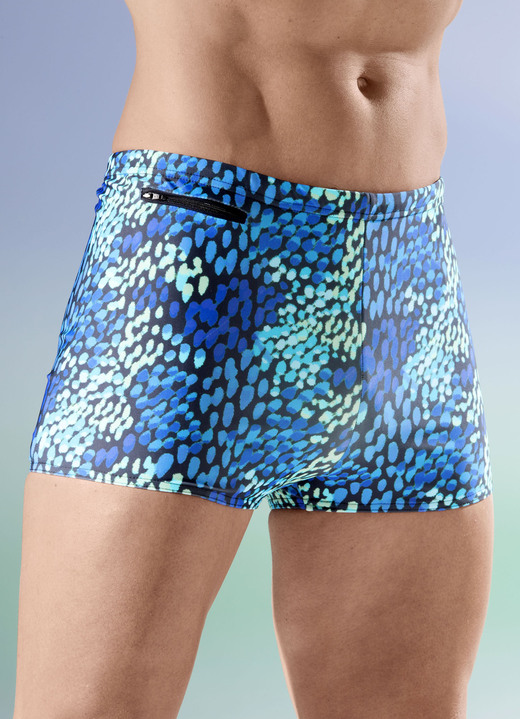 Bademode - Badehose in höherer Kastenform, in Größe 004 bis 013, in Farbe BLAU-SCHWARZ-BUNT