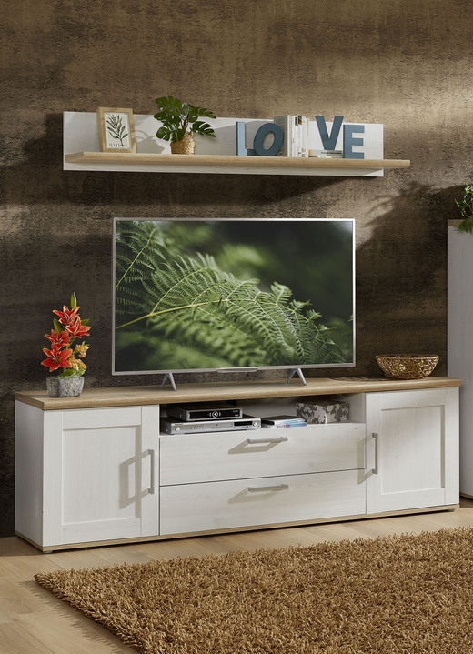 Hifi- &  TV-Möbel - TV-Longboard mit Wandboard, in Farbe WEISS-EICHE Ansicht 1