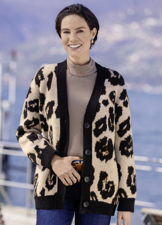 Jacken, Gilets & Sets - Strickjacke mit flauschigem Griff, in Größe L(44/46) bis XXL(52/54), in Farbe BEIGE-SCHWARZ-BRAUN Ansicht 1