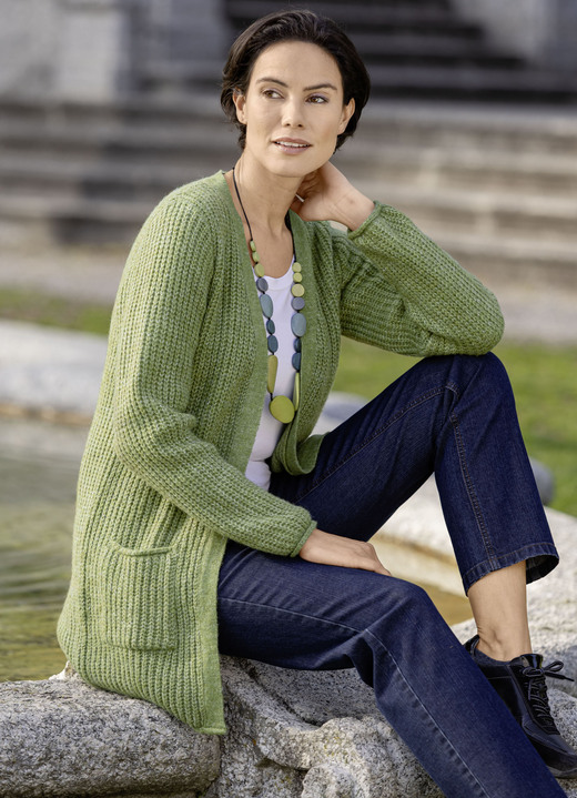 Jacken, Gilets & Sets - Long-Strickjacke in Perlfang, in Größe L(44/46) bis XXL(52/54), in Farbe LIMETTE MELIERT Ansicht 1