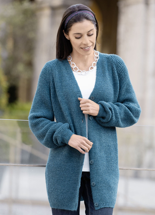 Jacken, Gilets & Sets - Long-Strickjacke in Perlfang, in Größe 038 bis 054, in Farbe PETROL MELIERT Ansicht 1