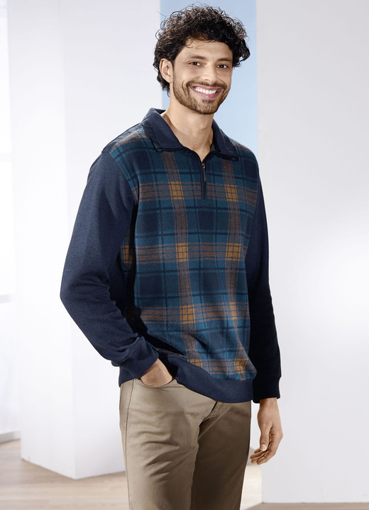Hemden, Pullover & Shirts - Troyer mit kurzem Reissverschluss, in Größe 046 bis 062, in Farbe MARINE KARIERT