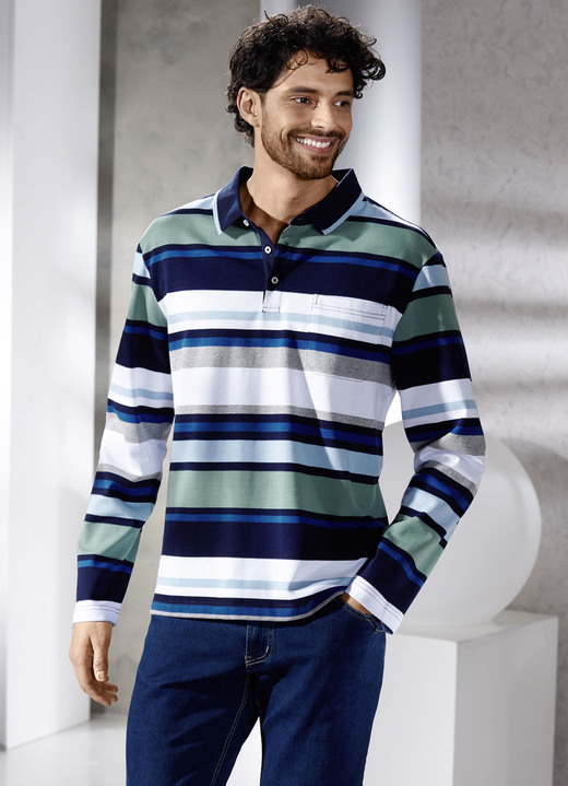 Hemden, Pullover & Shirts - Poloshirt mit Seitenschlitzen Hemden, Pullover & Shirts - Poloshirt mit Seitenschlitzen, in Größe 046 bis 062, in Farbe JADEGRÜN-MARINE-WEISS