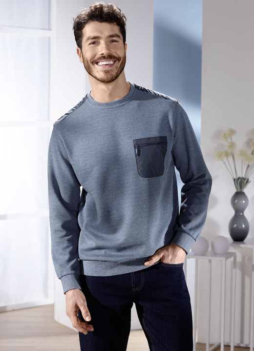 Hemden, Pullover & Shirts - Sweatshirt mit Brusttasche Hemden, Pullover & Shirts - Sweatshirt mit Brusttasche, in Größe 3XL (64/66) bis XXL (60/62), in Farbe JEANSBLAU MELIERT