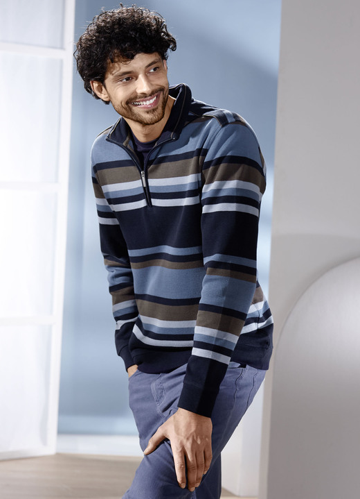 Hemden, Pullover & Shirts - Troyer mit kurzem Reissverschluss Hemden, Pullover & Shirts - Troyer mit kurzem Reissverschluss, in Größe 3XL (64/66) bis XXL (60/62), in Farbe MARINE-JEANSBLAU GESTREIFT