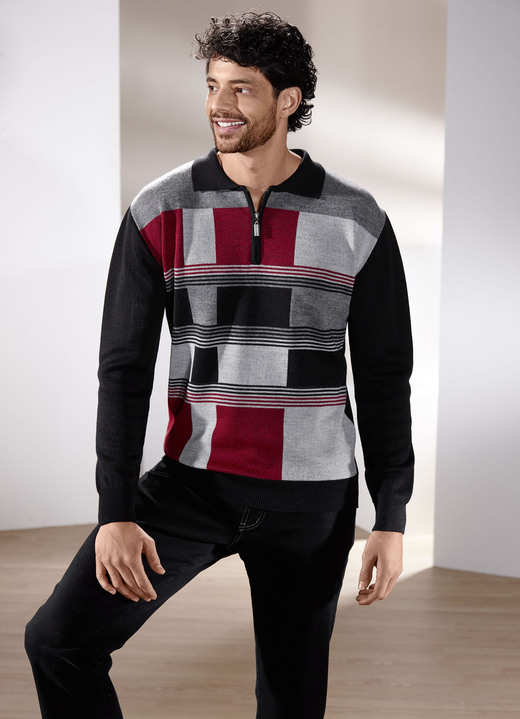 Hemden, Pullover & Shirts - Sportiver Polopullover in 2 Farben Hemden, Pullover & Shirts - Sportiver Polopullover in 2 Farben, in Größe 046 bis 062, in Farbe SCHWARZ-ROT-GRAU MELIERT