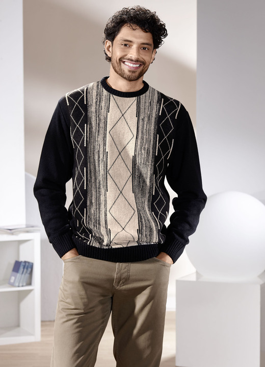 Hemden, Pullover & Shirts - Rundhalspullover mit Jacquarddessin Hemden, Pullover & Shirts - Rundhalspullover mit Jacquarddessin, in Größe 046 bis 062, in Farbe SCHWARZ-BEIGE