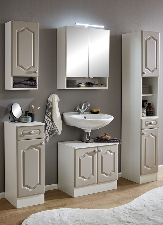 Badezimmermöbel - Hervorragendes Badmöbel-Programm aus deutscher Herstellung, in Farbe WEISS-KASCHMIR, in Ausführung Seitenschrank, Landhaus-Design Ansicht 1