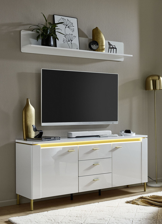 Hifi- &  TV-Möbel - TV-Longboard mit LED-Beleuchtung und Wandregal, in Farbe WEISS-GOLD, in Ausführung klein Ansicht 1