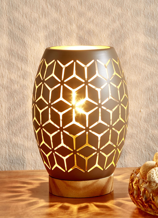 Lampen & Leuchten - Tischlampe mit Metall-Lampenschirm und Holz-Sockel, in Farbe BRAUN-GOLD Ansicht 1