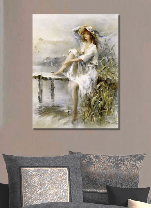 Wohnen mit Stil - Bild «Nachdenkliche Frau an einem Idyllischen See» vom Künstler Willem Haenraets, in Farbe GRAU Ansicht 1