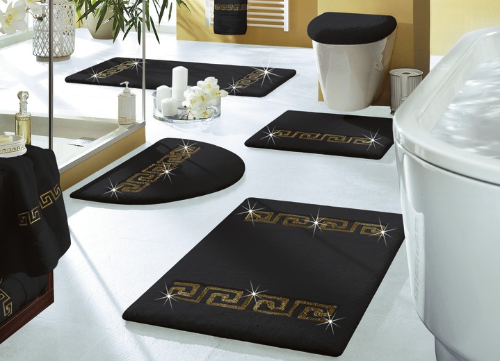- «RHOMTUFT» Luxus-Badgarnituren, in Größe 100 (Vorleger halbrund, 50/ 80 cm) bis 112 (WC-Deckelbezug 45/ 50 cm), in Farbe SCHWARZ-GOLD