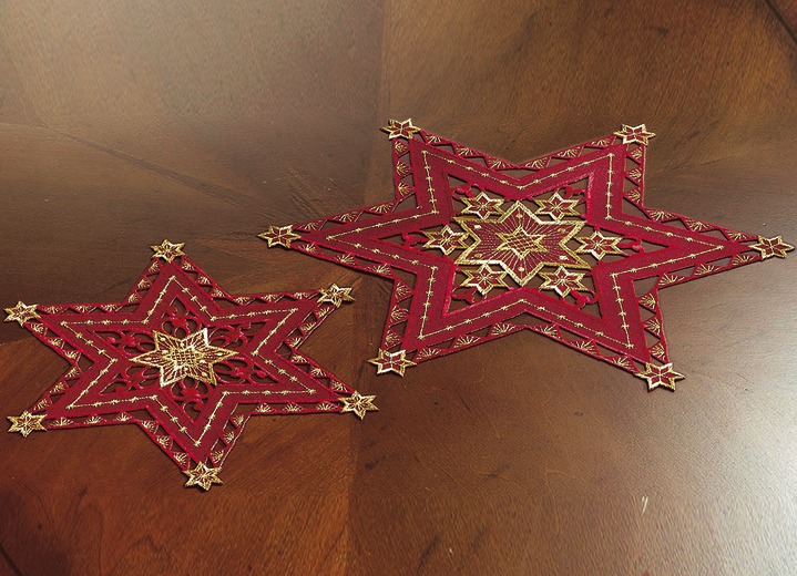 Tischdecken - Wunderhübsch bestickte Tischdekoration, in Größe 130 (Stern, 2er-Set, ø 30 cm) bis 190 (Tischdecke, 85x85 cm), in Farbe ROT Ansicht 1