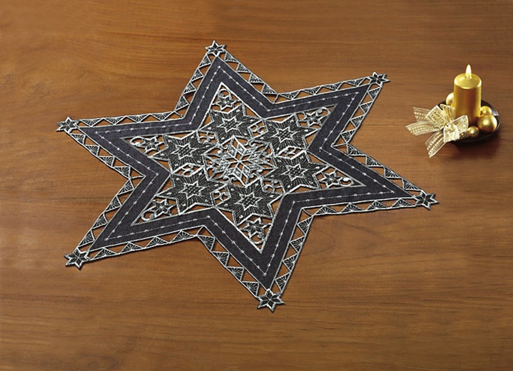 Tischdecken - Wunderhübsch bestickte Tischdekoration, in Größe 130 (Stern, 2er-Set, ø 30 cm) bis 190 (Tischdecke, 85x85 cm), in Farbe ANTHRAZIT Ansicht 1
