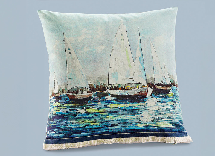 Kissenbezüge - Kissenhüllen mit den bildhübschen maritimen Dessins, in Farbe WEISS-BLAU, in Ausführung Segelboote Ansicht 1