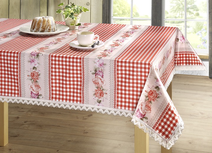 - Pflegeleichte Wachstuch-Tischserie in Landhaus-Optik, in Größe 110 (Tischdecke, 110x140 cm) bis 180 (Mitteldecke, 80x 80 cm), in Farbe ROT
