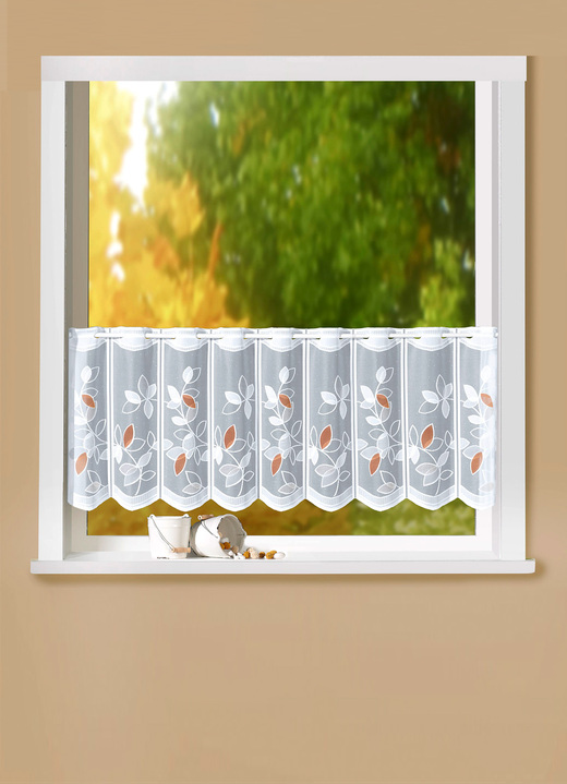 Klassisch - Kurzvorhang «Blätter», in Größe 788 (H45xB105 cm) bis 858 (H60xB120 cm), in Farbe WEISS-BRAUN Ansicht 1