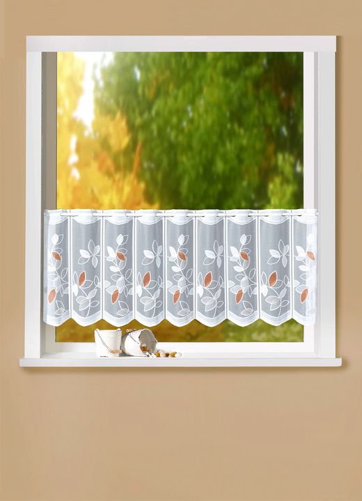 Herbstimpressionen - Kurzvorhang Blätter mit Stangendurchzug, in Größe 788 (H45xB105 cm) bis 862 (H60xB150 cm), in Farbe WEISS-BRAUN Ansicht 1