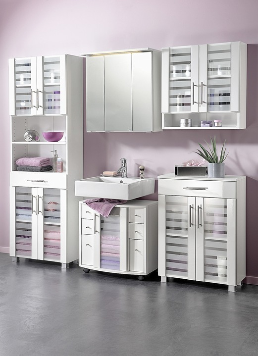 Badezimmermöbel - Badmöbel-Programm mit MDF-Front, in Farbe WEISS-WEISS, in Ausführung Hängeschrank, 1-türig, Weiß/Weiß Ansicht 1