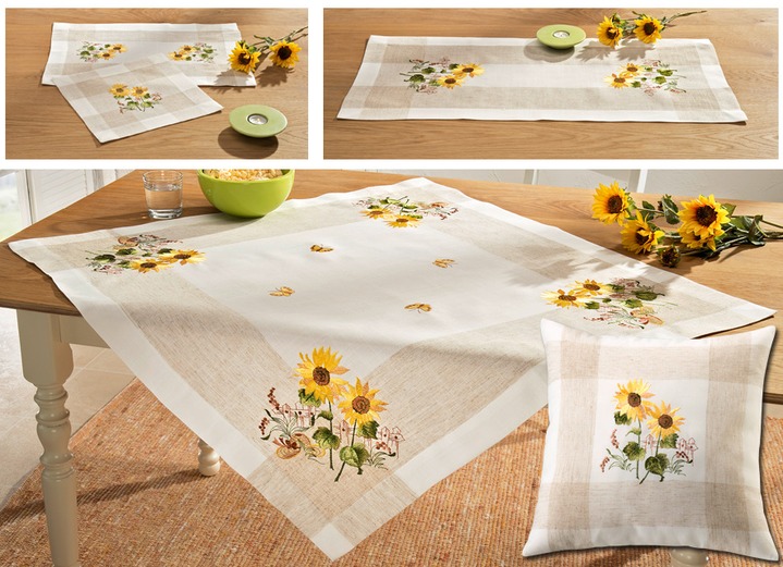 - Tisch- und Raumdekoration mit Sonnenblumen-Motiven, in Größe 101 (Deckchen, 35x 50 cm) bis 404 (Kissenbezug, 40x 40 cm), in Farbe BEIGE