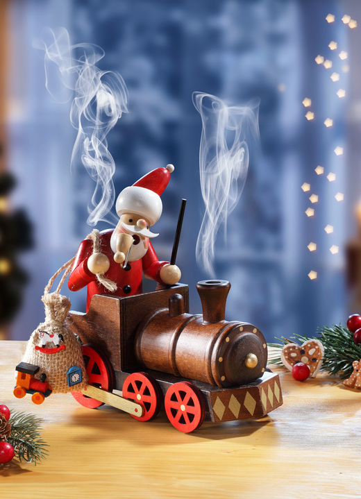- Räucherfigur Weihnachtsmann in einer Lokomotive», in Farbe BRAUN
