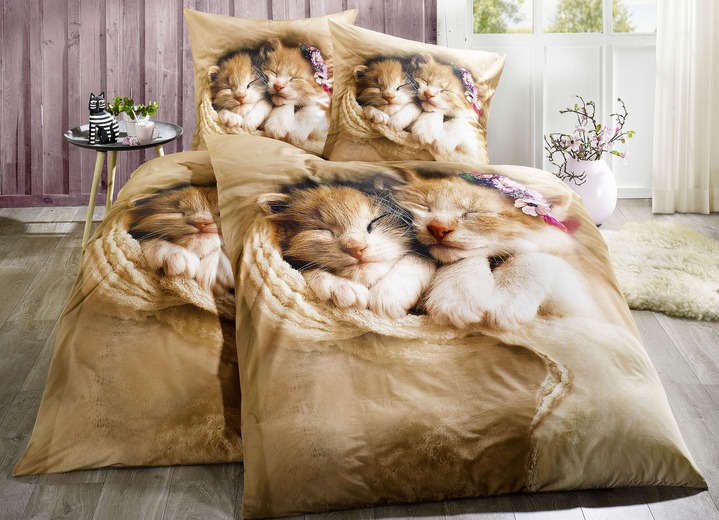 - «Dobnig» Bettwäsche mit Katzenkindern, in Farbe NOUGAT