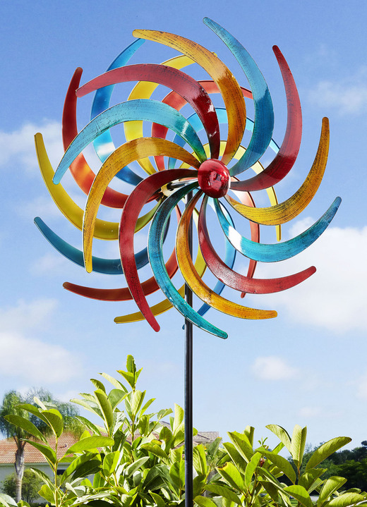 Gartendekoration - Doppel-Windrad in Tricolor aus Metall, in Farbe BUNT, in Ausführung groß