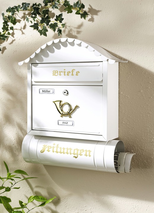 - Briefkasten aus verzinktem Stahl mit Zeitungsrohr, in Farbe WEISS