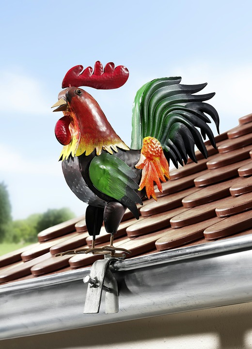 Gartendekoration - Dachrinnen- und Zaunfigur «Hahn», in Farbe BUNT