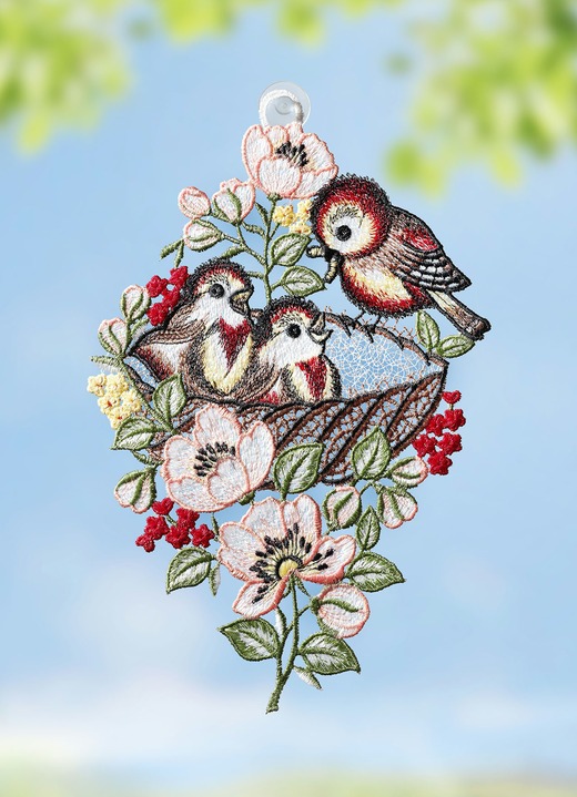 - Fensterbild Vogelnest aus Plauener Spitze, in Farbe BUNT