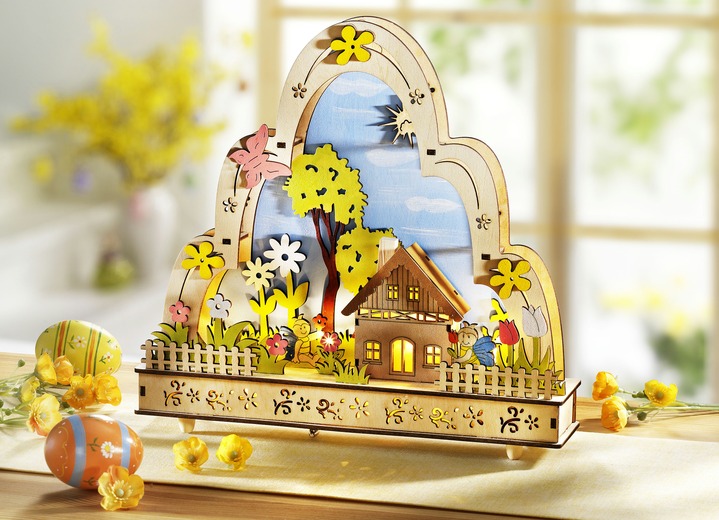 - Frühlingdekoration aus Holz mit eingebautem Spielwerk, in Farbe NATUR