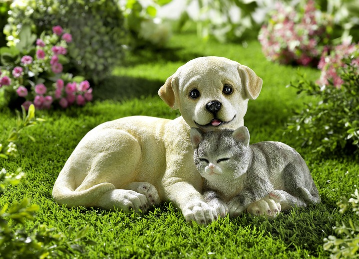 Gartendekoration - Hund und Katze aus Polyresin, in Farbe BEIGE-GRAU-WEISS