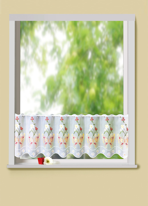 - Kurzstore Schmetterling mit Plauener Stickerei, in Größe 788 (H40xB 95 cm) bis 860 (H65xB160 cm), in Farbe WEISS-BUNT Ansicht 1