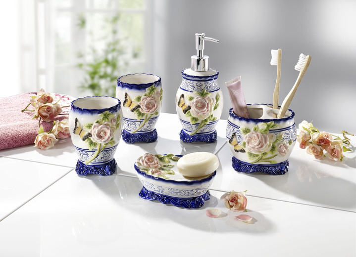 - Badezimmer-Accessoires aus Keramik, 5-teilig, in Farbe BUNT