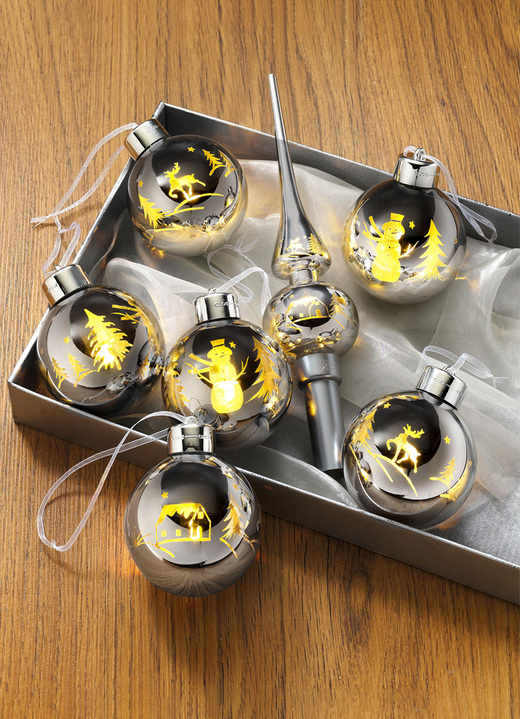 - LED-Weihnachtskugeln aus Echtglas, in Farbe CHROM, in Ausführung LED-Weihnachtskugeln mit Baumspitze, 5-teilig