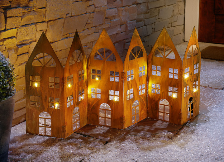 Winterlicher Garten - Häuser-Silhouette in Rostoptik mit integrierter Lichterkette, in Farbe ROST Ansicht 1