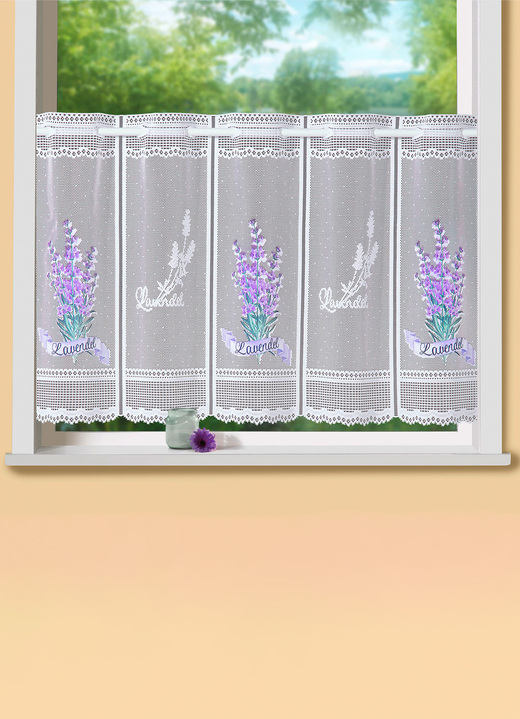- Kurzstore mit Stangendurchzug und Lavendel-Motiv, in Größe 786 (H45xB 95 cm) bis 860 (H60xB160 cm), in Farbe WEISS-FLIEDER