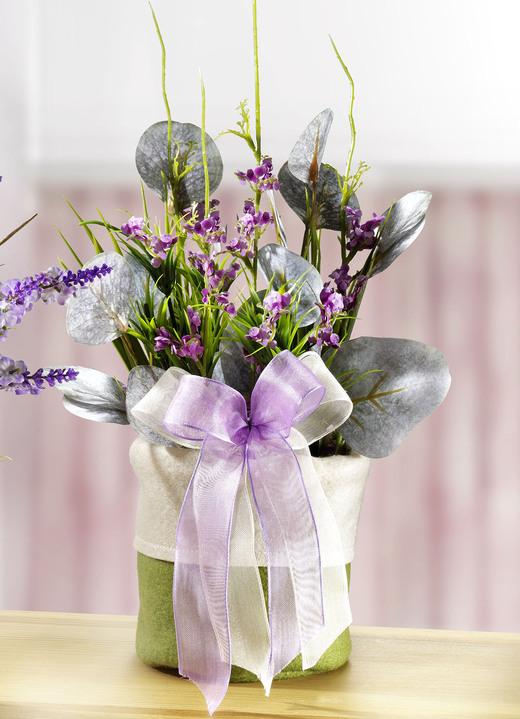 Ostern - Frühlingsgesteck mit Blumen und Gräser im Filzbeutel, in Farbe GRÜN, in Ausführung Gesteck mit lila Blüten Ansicht 1